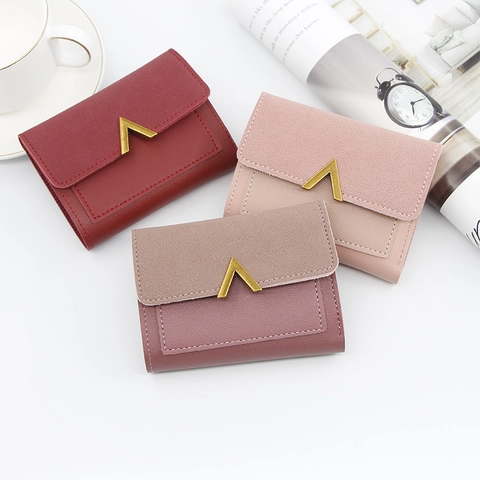 Women Short Wallet PU Leather Folding Multi Card Slot Purse Portable Contrast Color Gold V Metal Buckle Card Holder