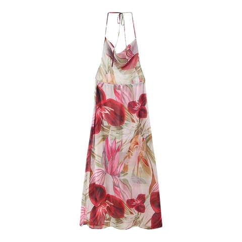 Maxikleid Mit Tropischem Blumenmuster Neckholder Rückenfrei V-Ausschnitt Sommerurlaub Ärmellos Polyester Gewebt