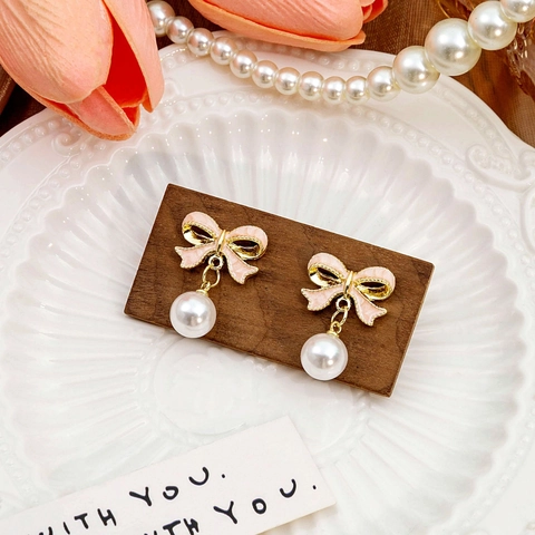Pink Bow Artificial Pearl Drop Earrings Alloy Enamel With Silver Earring Post Sweet Versatile Jewelry For Women