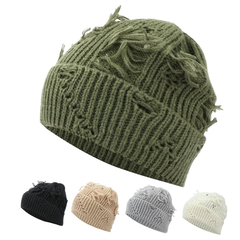 Gorro De Punto Rasgado Distressed Unisex Streetwear Deshilachado Cálido Invierno Estilo Hip Hop Color Sólido
