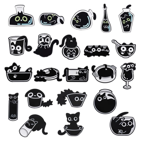 Graziosa Spilla In Smalto Gatto Nero Pin Animale Cartone Animato Fiore Pianta Nota Musicale Distintivo Lega Zinco Vestiti Borse