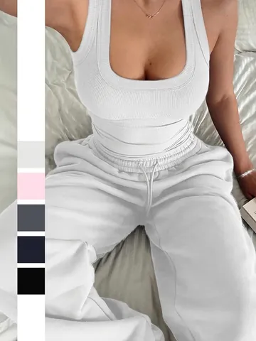 Camiseta Tirantes Acanalada Y Pantalones Con Cordón Sin Mangas Punto Color Sólido Ropa De Descanso Casual Para Mujer