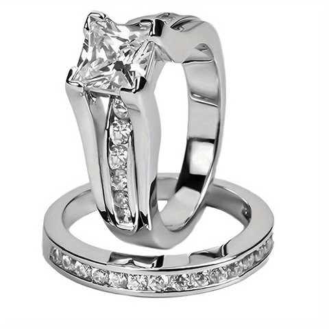 Anelli Di Fidanzamento Matrimonio In Acciaio Inossidabile Con Zirconia Cubica Quadrata Taglio Princess Gioielli