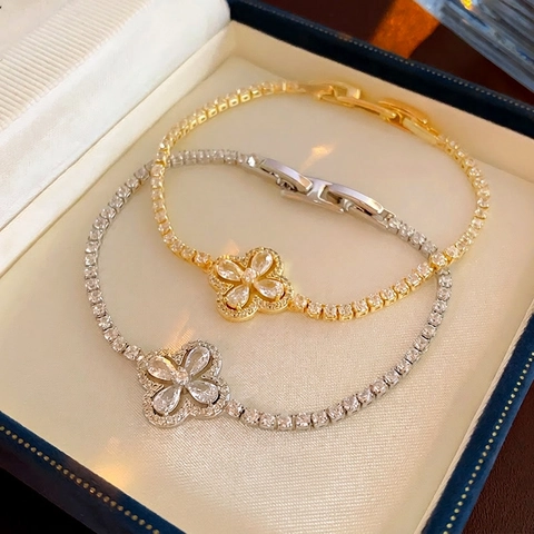 Clover Leaf Tennis Bracelet For Women Zircon Flower Motif Copper Real Gold Plated Jewelry High End Fashion Gift