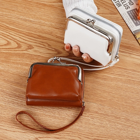 Women Retro PU Leather Wallet With Kiss Lock Metal Buckle Zipper Wrist Strap Card Slots Vintage Mini Coin Purse