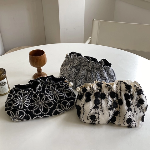 Trousse De Maquillage Vintage Broderie Motif Floral Paisley Pochette Portable Avec Fermeture Éclair En Künstliche Perle Sac En Polyester