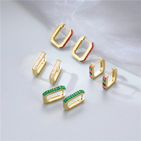 Stainless Steel Rectangular Hoop Earrings 14K Gold Plated Baguette Cubic Zirconia Geometric Ear Buckles For Women
