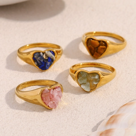 Heart Shaped Ring Stainless Steel 18K Gold Plated Natural Crushed Stone Inlaid Vintage Boho Aesthetic Jewelry For Women
