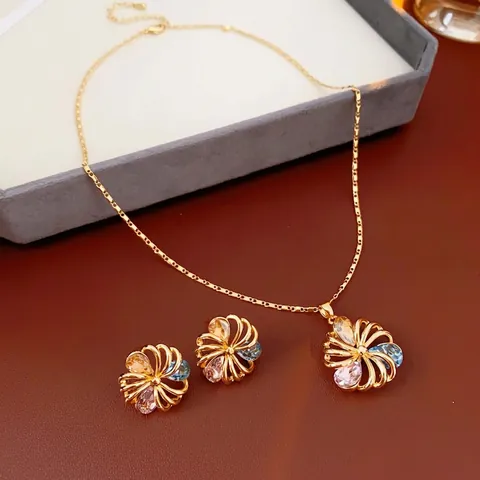 Vintage Hollow Flower Jewelry Set Copper Multi Color Zircon Necklace Earrings With Silver Earring Post For Women Elegant