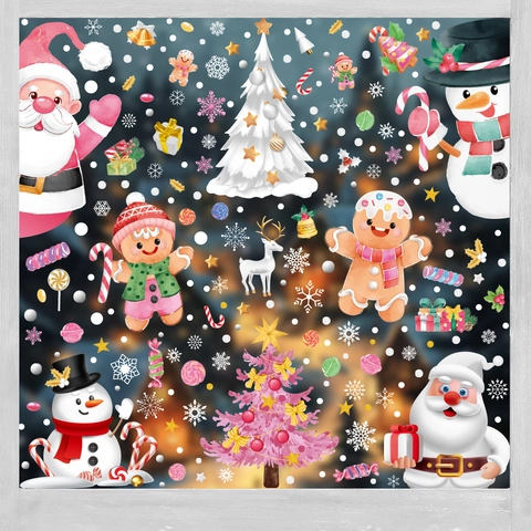 Christmas Window Static Stickers PVC Santa Snowman Reindeer Snowflake Gingerbread Man Decals Holiday Party Decoration Glass