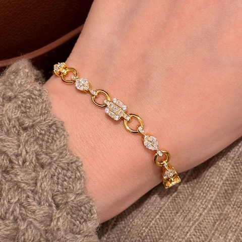 Elegant Copper Zircon Bracelet Geometric Square Marquise Link Toggle Clasp Korean Fashion Jewelry For Women
