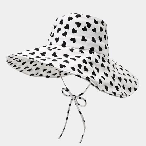 Women Heart Print Bucket Hat Wide Brim Sun Protection Hat With Adjustable Windproof Straps Breathable Polyester