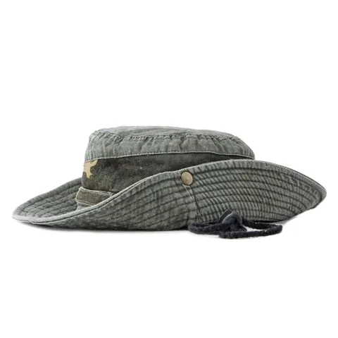 Washed Cotton Boonie Bucket Hat Wide Brim Camouflage Trim Adjustable Windproof String Outdoor Hiking Fishing Sun Protection