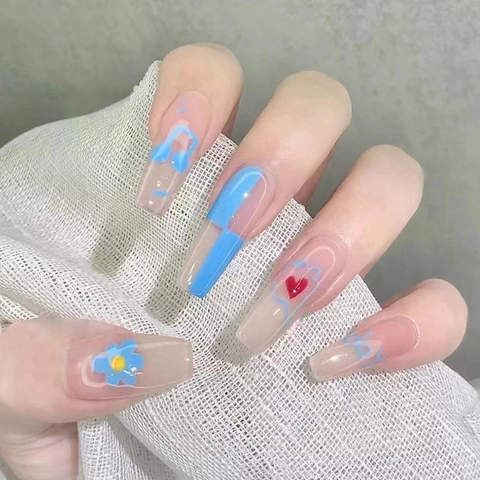 Long Coffin Press On Nails Blue Flower Red Heart Musical Note Pattern Sweet Cute False Nails For Women Students