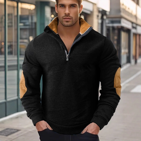 Herren Sweatshirt Quarter Reißverschluss Stehkragen Langarm Color Block Kontrast Ellenbogen Patches Polyester Elastan