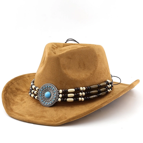 Western Cowboyhut Wildlederimitat Perlenband Türkis Schnalle Breite Krempe Boho Vintage Jazz Hut Für Damen Herren