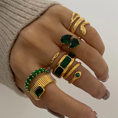Stainless Steel Gold Plated Ring Women Vintage Luxury Emerald Green Cubic Zirconia Snake Heart Geometric Finger Jewelry Waterproof Hypoallergenic