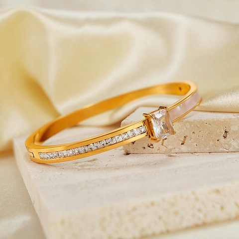 French Elegant Stainless Steel Bangle For Women With Square Zirconia And Artificial Mother Of Pearl Inlay Gold Silver Jewelry