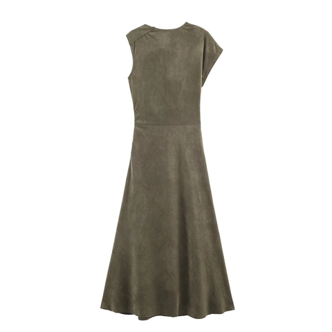 Abito Maxi Senza Maniche Asimmetrico In Camoscio Con Scollo A Cappuccio E Cintura Con Fibbia Metallica Verde Oliva Elegante