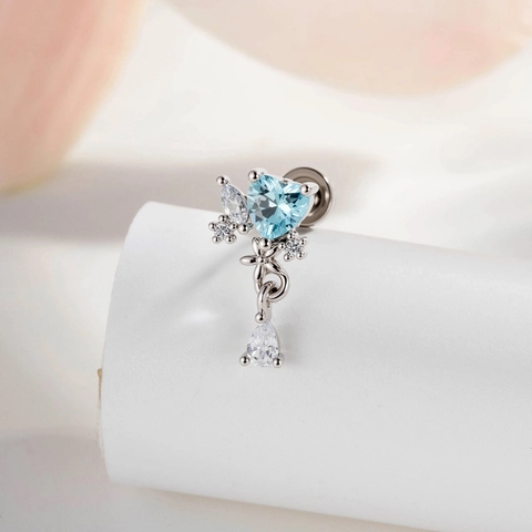 Heart Zircon Cartilage Ear Stud With Waterdrop Dangle Titanium Steel Piercing Jewelry For Women Sweet Elegant Screw Back