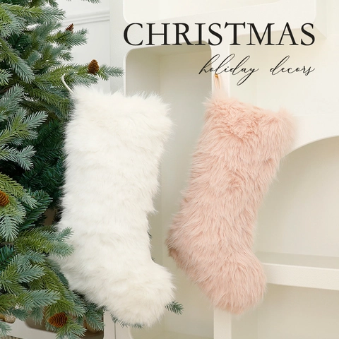 Plüsch Faux Pelz Weihnachtsstrumpf Hängende Dekoration Weich Fluffig Weihnachtsbaum Schmuck Für Haus Urlaub Party Rosa Weiß