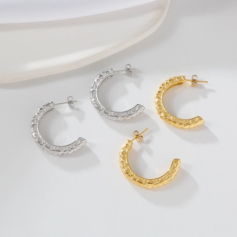 Pendientes de Aro en Forma de C de Acero Inoxidable para Mujer Textura Martillada Chapado en Oro de 18K Joyería