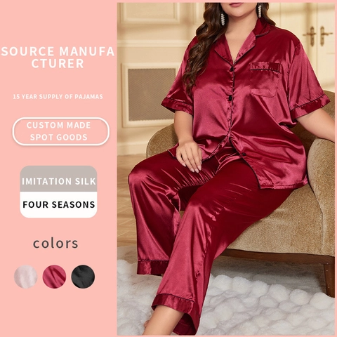 Pijama De Satén Para Mujer Tallas Grandes Camiseta De Manga Corta Con Botones Y Pantalones Largos Ropa De Dormir