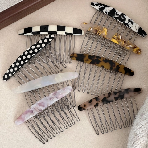 Acetate Hair Side Comb With Metal Teeth Retro Tortoiseshell Checkerboard Pattern Hair Clip For Women Stylish Headpiece