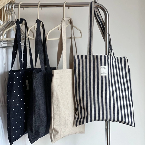 Canvas Denim Tote Bag Large Capacity Retro Polka Dot Stripe Shoulder Handbag For Women Casual School Travel