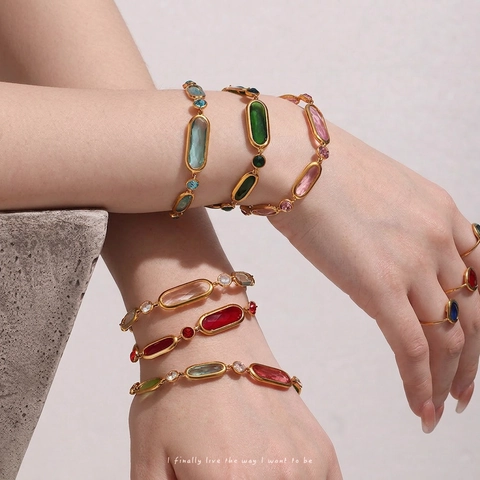 Stainless Steel Bracelet With Oval Round Cut Colorful Czech Glass Stones Gold Plated Adjustable Fashion Jewelry For Women