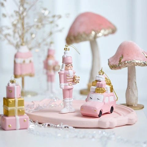Pink Christmas Hanging Ornaments Plastic Nutcracker Car Hot Air Balloon Wreath Shapes Glitter Decor For Holiday Tree