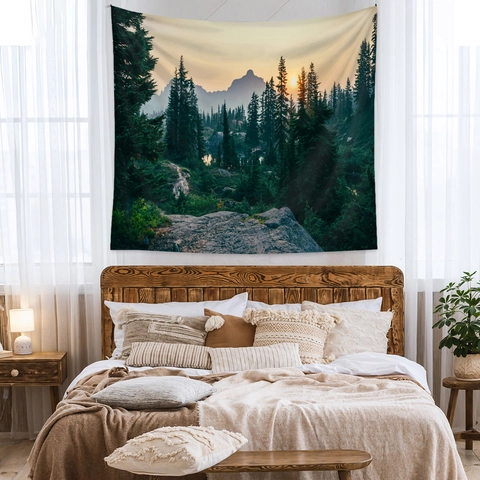 Forest Landscape Tapestry Wall Hanging Polyester Fabric Nature Scenery Trees Mountains Sunset Digital Print Home Decor