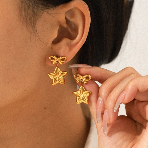 Bowknot Star Dangle Stud Earrings 18K Gold Plated Stainless Steel For Women Elegant Jewelry
