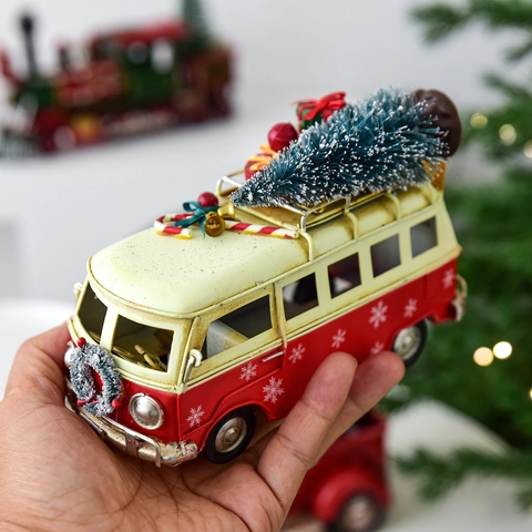 Ornamenti Natalizi Vintage In Metallo Camion Treno Autobus Con Mini Albero Modelli Di Auto In Ferro Rosso Per Decorazione Scrivania