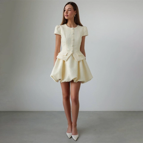 Damen Tweed Kurzarm Rundhals Schößchen Top Und Mini Ballonrock Elegant Vintage Kleiner Duftstil Cremeweiß