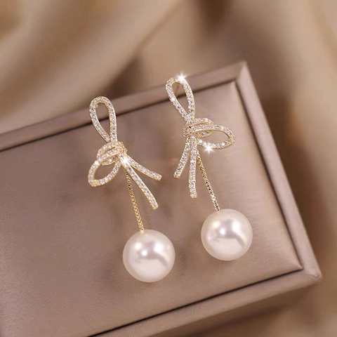 French Style Bowknot Drop Earrings With Zircon And Faux Artificial Pearl Copper Earring Post Elegant Fashion Jewelry For Women