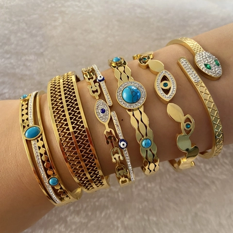 Bracelet Jonc En Acier Inoxydable Mauvais Oeil Pour Femmes Serpent Vintage Inlay Turquoise Bijoux Rétro