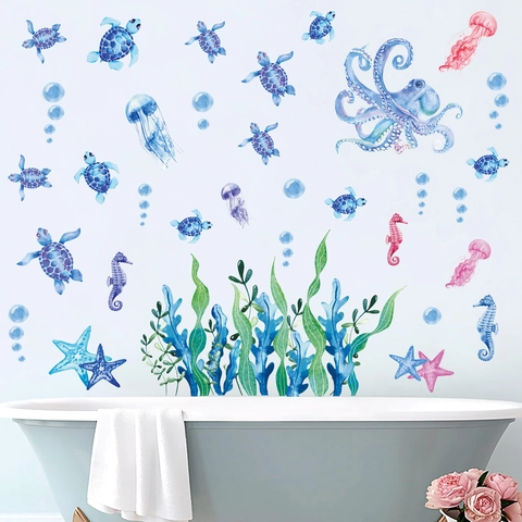 Stickers Muraux Tortue De Mer Poulpe Océan Aquarelle PVC Auto-Adhésif Décoration Salle De Bain Chambre Enfant