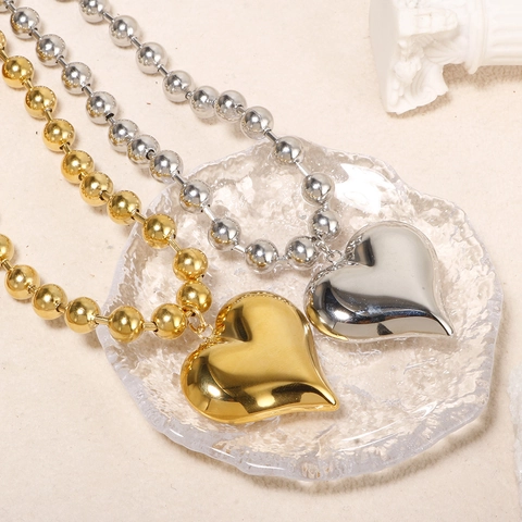 Collar Con Colgante De Corazón De Acero Inoxidable Cadena De Bolas Redondas Gruesas Chapado En Oro Plata Joyería Hip Hop