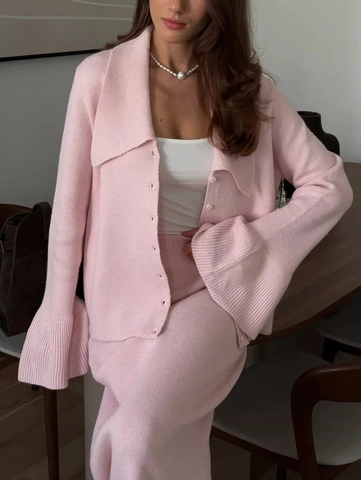Knitted Cardigan And Maxi Skirt Cotton Polyester Flare Sleeve Solid Color Elegant Slim Fit Women Streetwear Office