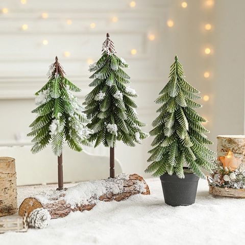 Mini Sapin De Noël Artificiel Décoration De Table Pin Floqué Avec Faux Neige Et Socle En Bois Décor De Fête