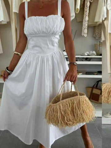 Elegant Square Neck Pleated Smocked Maxi Dress Backless High Waist A-Line Big Swing Vacation Summer Sleeveless Polyester
