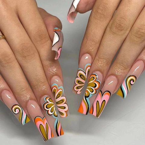 Retro Pop Art Long Square Press On Nails Abstract Graffiti Floral Colorful Artificial False Nails For Women