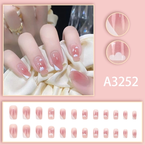 Press On Nagels Frans Roze Gradiënt Wolken Sterren Glanzend Kort Vierkant Voor Vrouwen Zoet Manicure Elegant Plastic