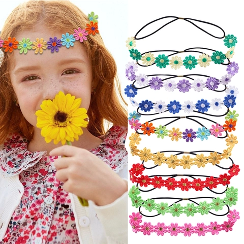 Embroidered Daisy Flower Headband Elastic Fabric Hair Band Boho Hippie Style Hair Accessories For Girls Women