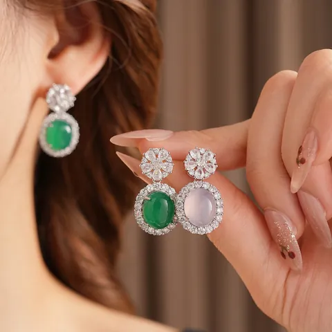 Vintage Oval Chalcedony Drop Earrings With Zircon Flower Stud And Silver Earring Post For Women Elegant Jewelry