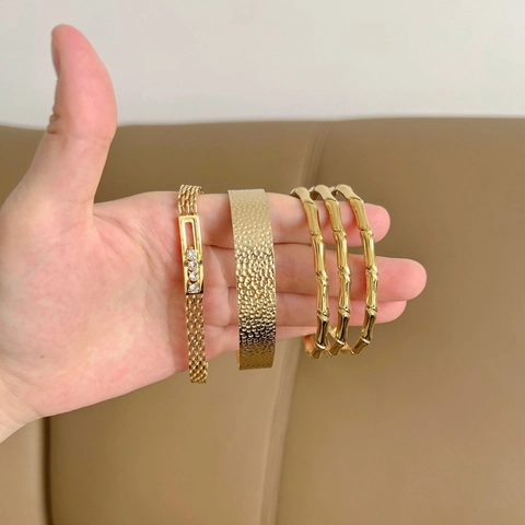 Women Fashion Stainless Steel Gold Open Bangle Hammered Pattern Bamboo Joint Sliding Rhinestone Chain Bracelet Jewelry Gift