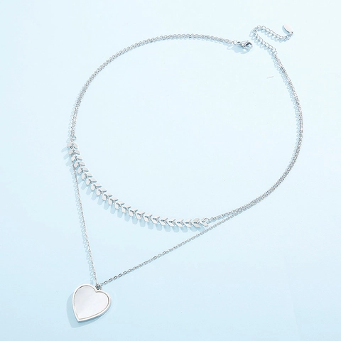 Joyas De Corazón Collar Y Pendientes Doble Capa Acero Inoxidable Cadena De Trigo Con Concha Blanca Para Mujeres