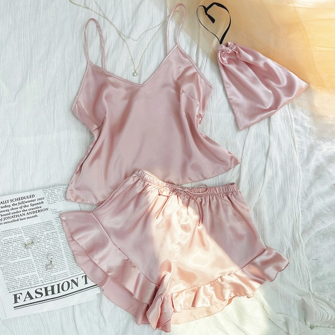 Women Satin Satin Sleepwear Cami Top And Ruffle Shorts With Storage Bag V-Neck Solid Color Sexy Casual Loungewear