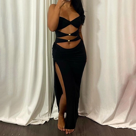 Halter Neck Hollow Out Cut Out High Slit Sexy Sleeveless Backless Maxi Dress With Metal Buckle For Women Party Vacation